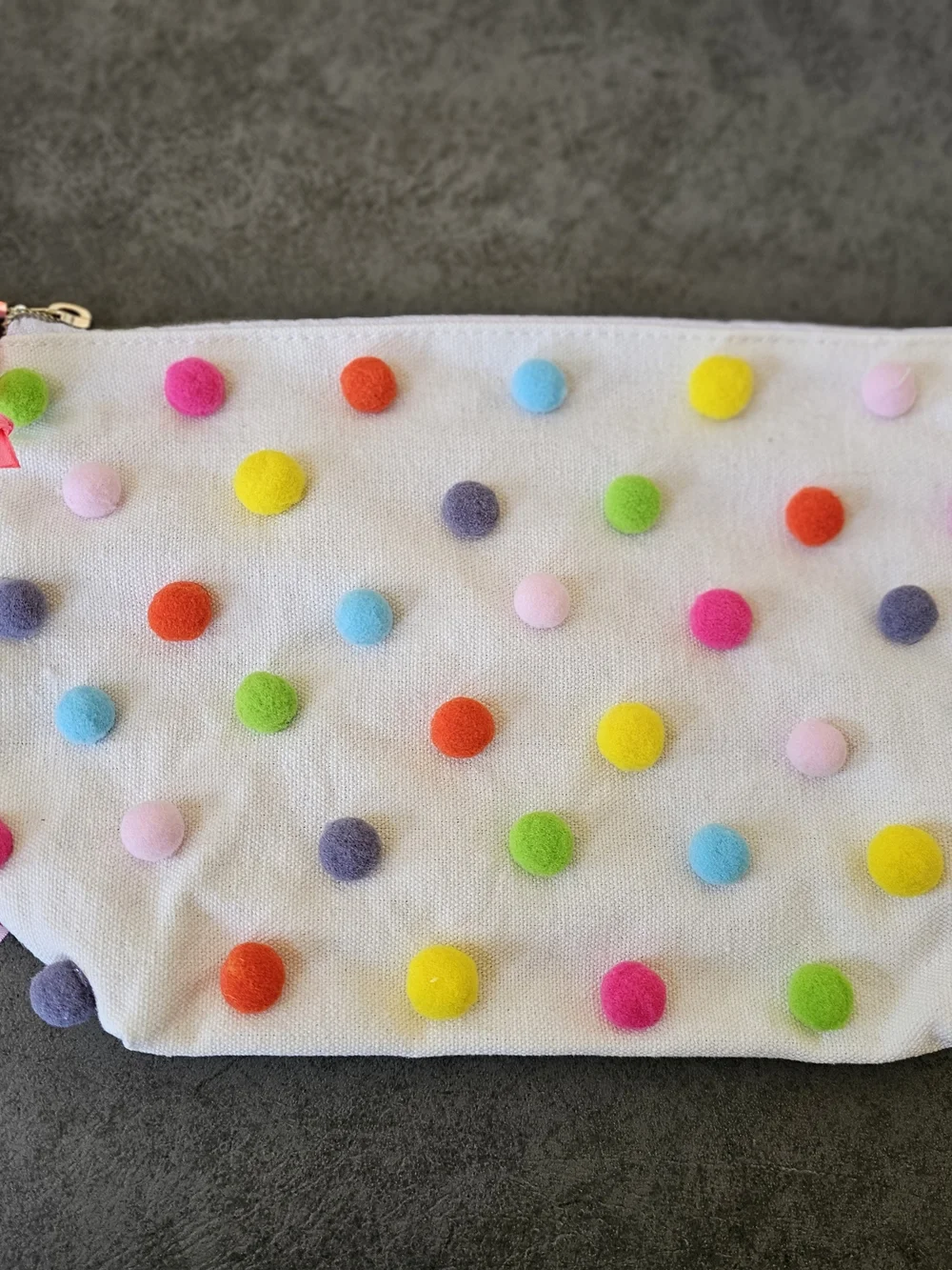 White Pom-Pom Cosmetic Pouch with Multicolor Dots